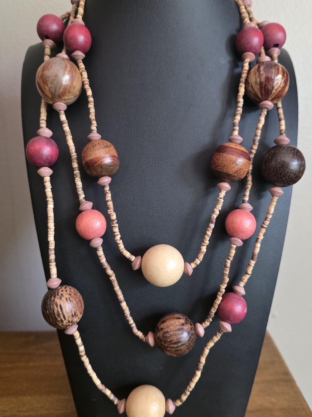 Handcrafted Wooden Bead Necklace in Pink and Natural Tones. Boho · Natural ·